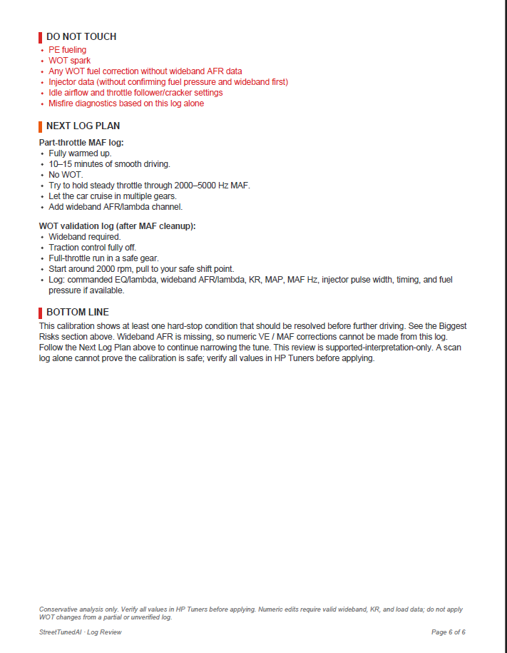 StreetTunedAI HP Tuners log review report showing next log plan and confidence summary, page 6