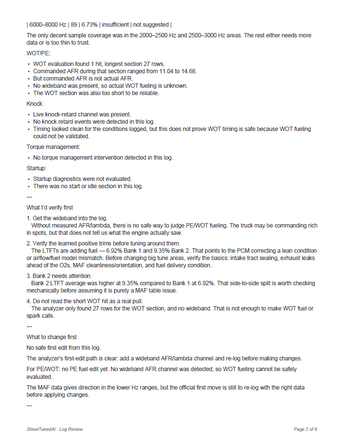 StreetTunedAI HP Tuners log review report showing knock retard and spark analysis, page 2