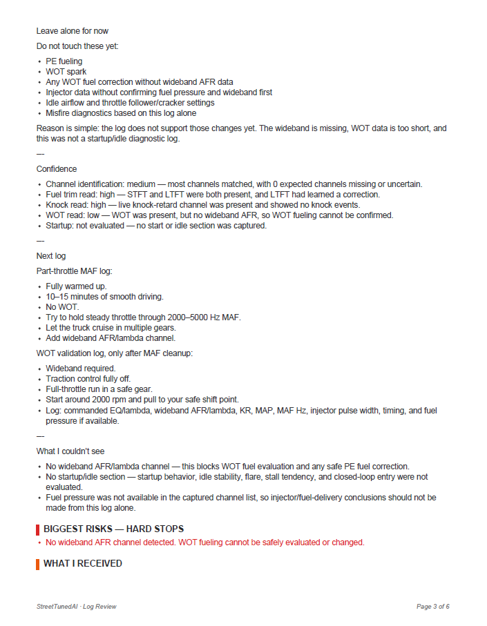 StreetTunedAI HP Tuners log review report showing wideband AFR and WOT evaluation, page 3