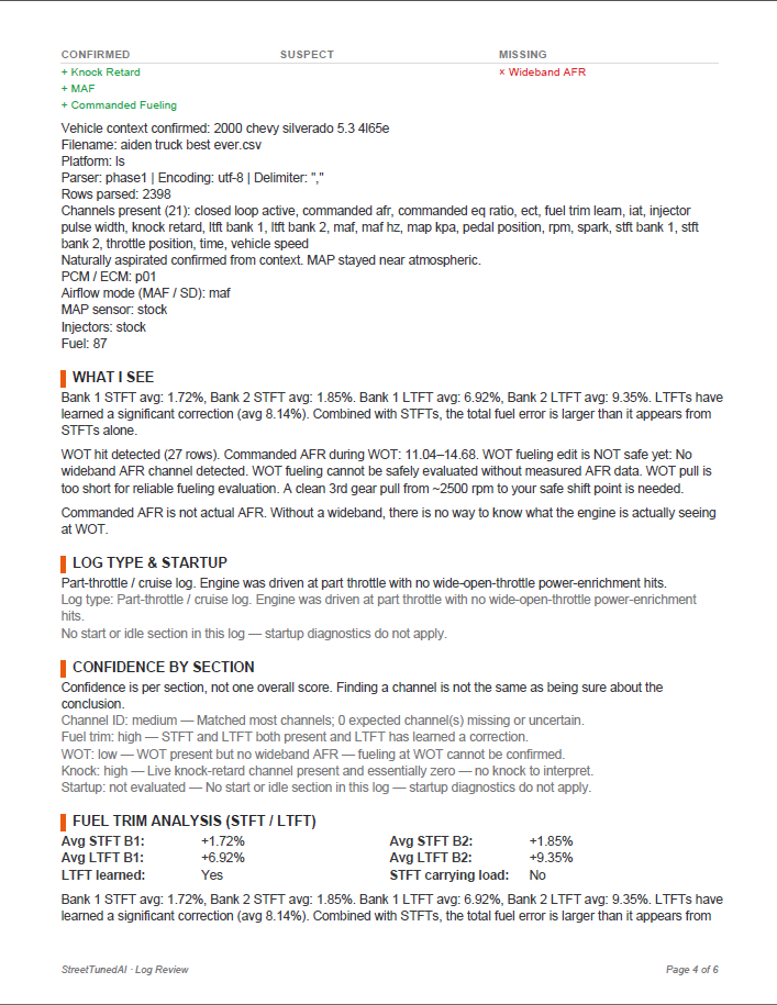 StreetTunedAI HP Tuners log review report showing airflow and torque management review, page 4