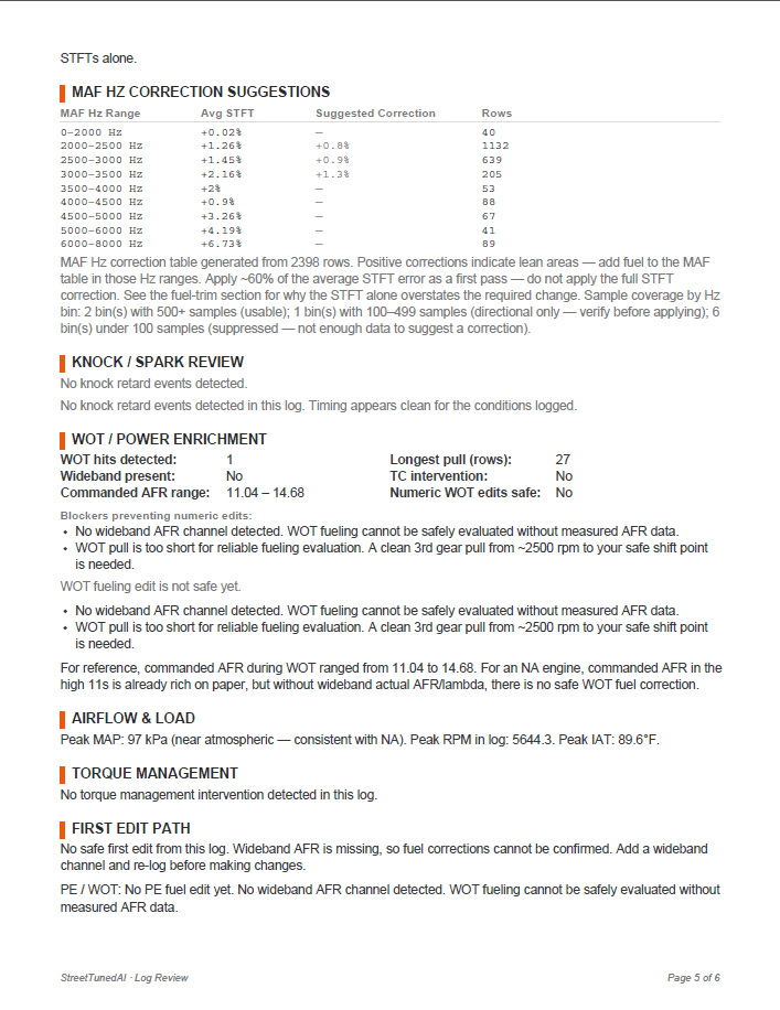 StreetTunedAI HP Tuners log review report showing first edit path and do not touch list, page 5
